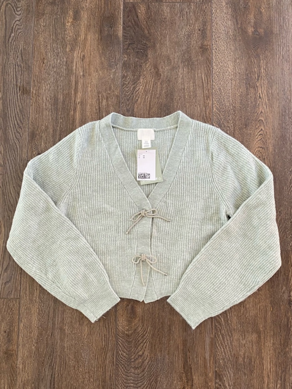 H&M Light Sage Ribbed V-Neck Bow Front Sweater
